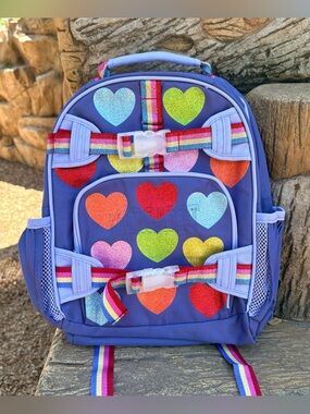 New Pottery Barn Mackenzie Rainbow Glitter Hearts Backpack Size Small